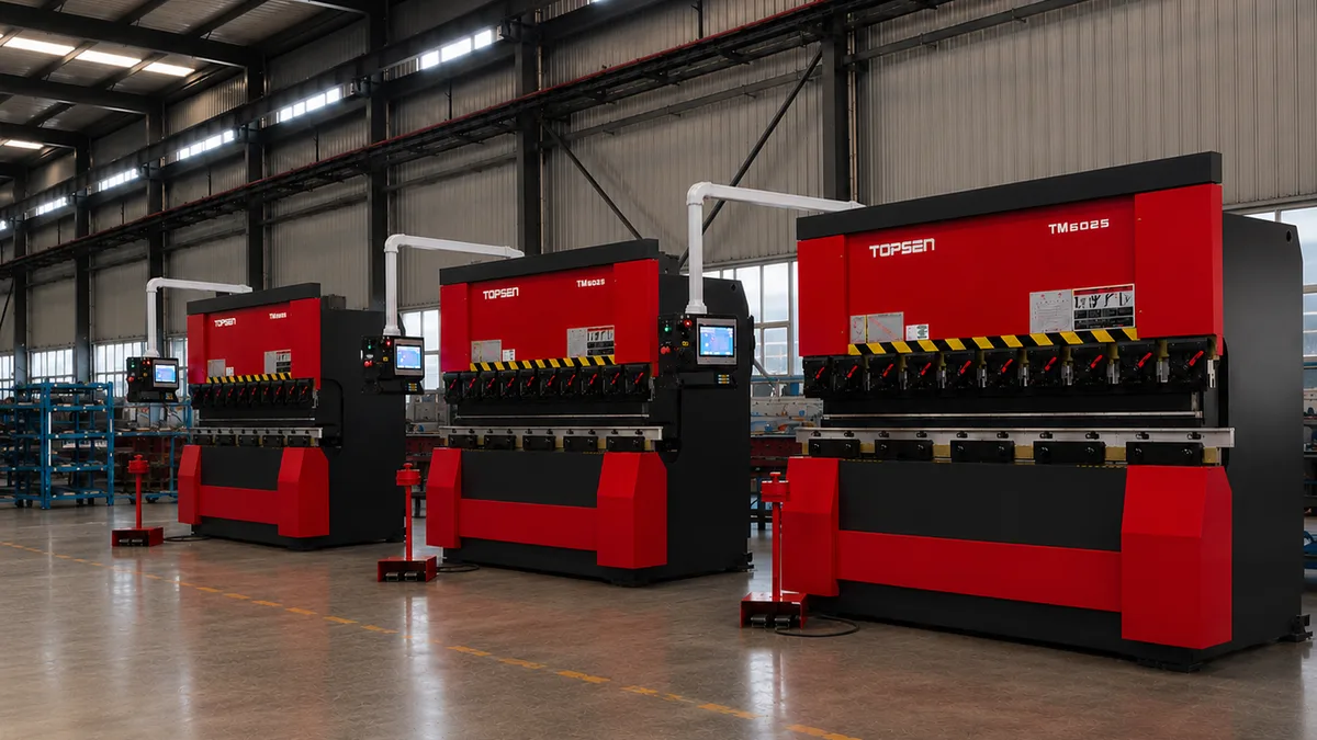 TOPSEN CNC press brake machines in factory production line — precision sheet metal bending with digital controls TOPSEN CNC press brake machines — precision sheet metal bending in factory production line