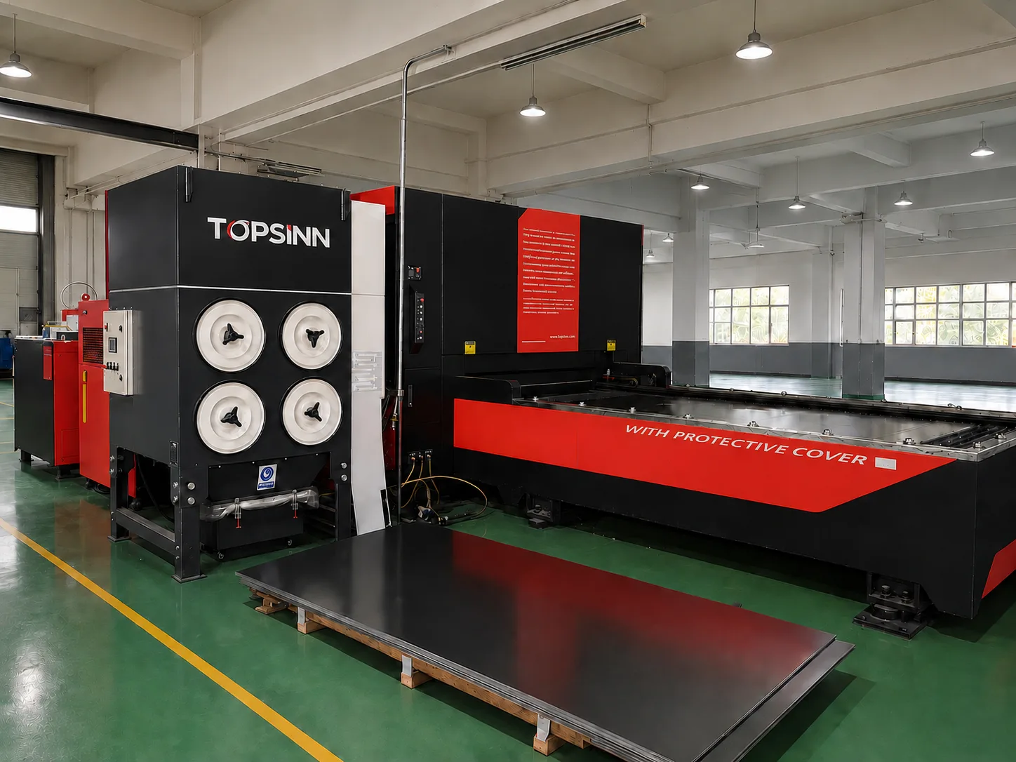 2000W fiber laser cutting head in action — high-precision CNC sheet metal cutting with visible sparks Fiber laser cutting head — 2000W CNC sheet metal cutting with sparks