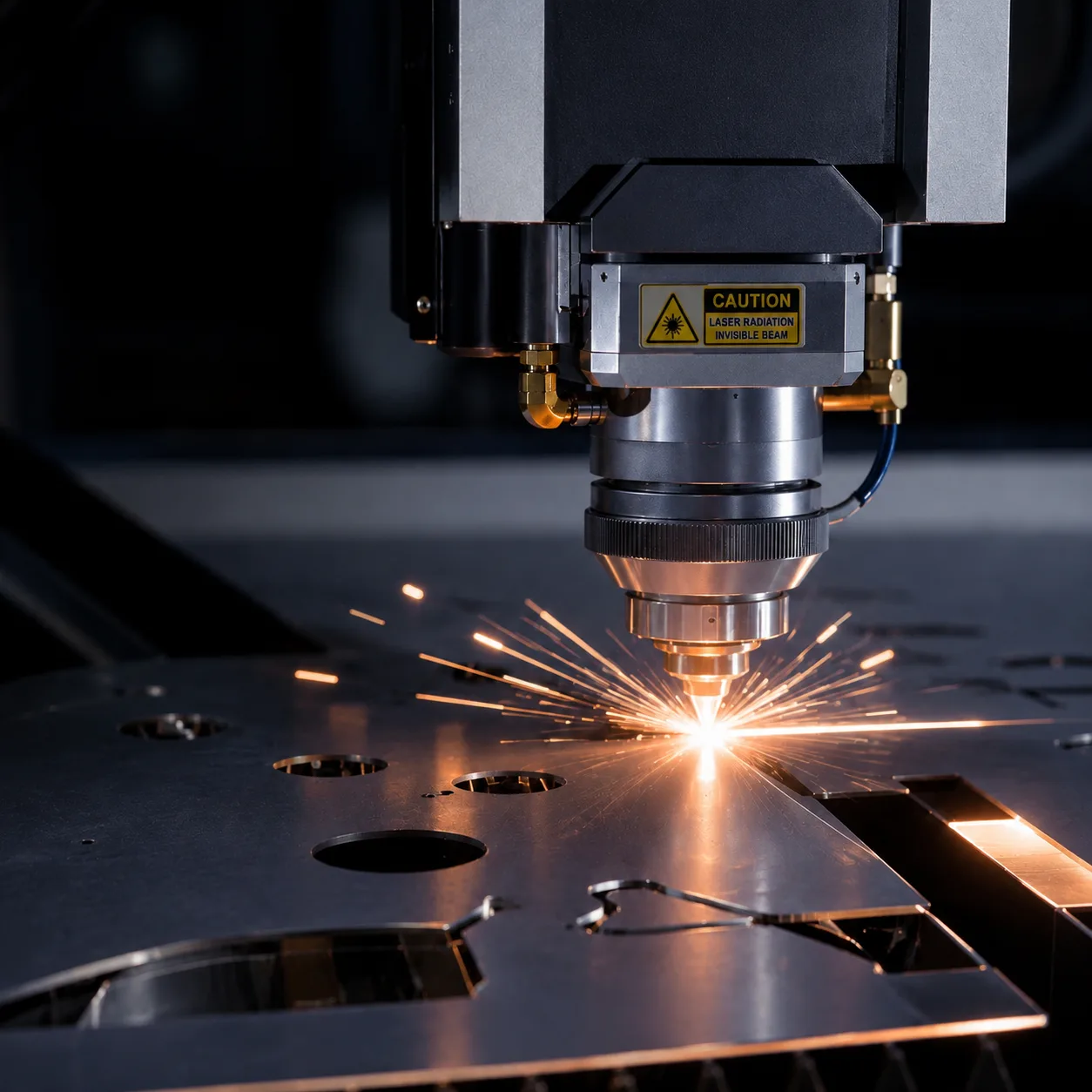 Advanced fiber laser cutting machine — high-precision CNC sheet metal cutting for complex geometries Fiber laser cutting machine in operation — CNC sheet metal cutting with sparks
