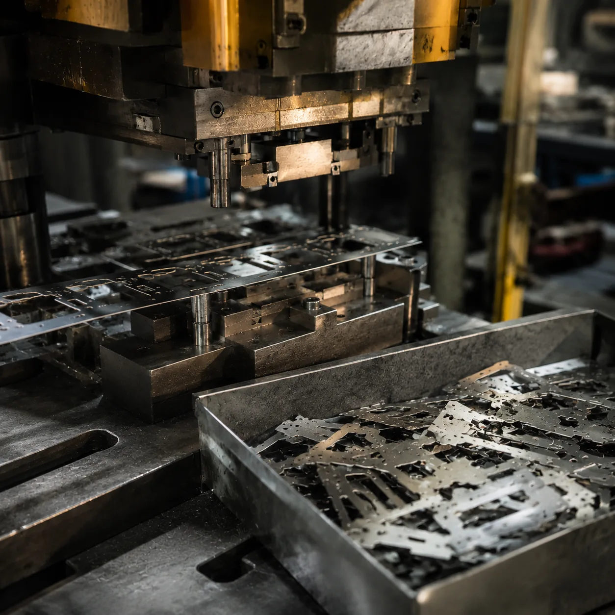 Precision progressive die stamping — high-speed mechanical press for mass production of sheet metal parts Progressive die stamping — precision metal stamping with die set